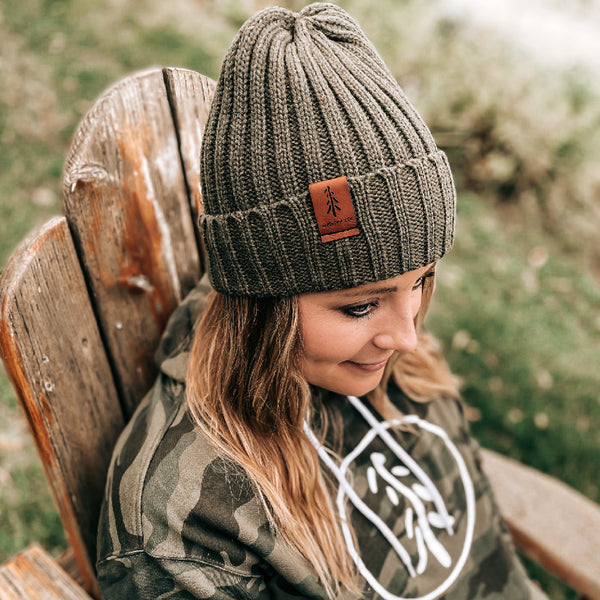 Large Ribbed Beanie with Leather Tab